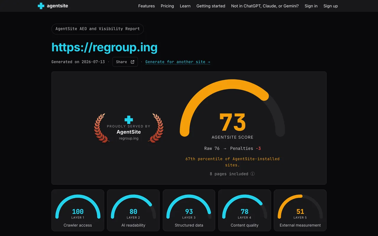 AgentSite: Public score report for a live site