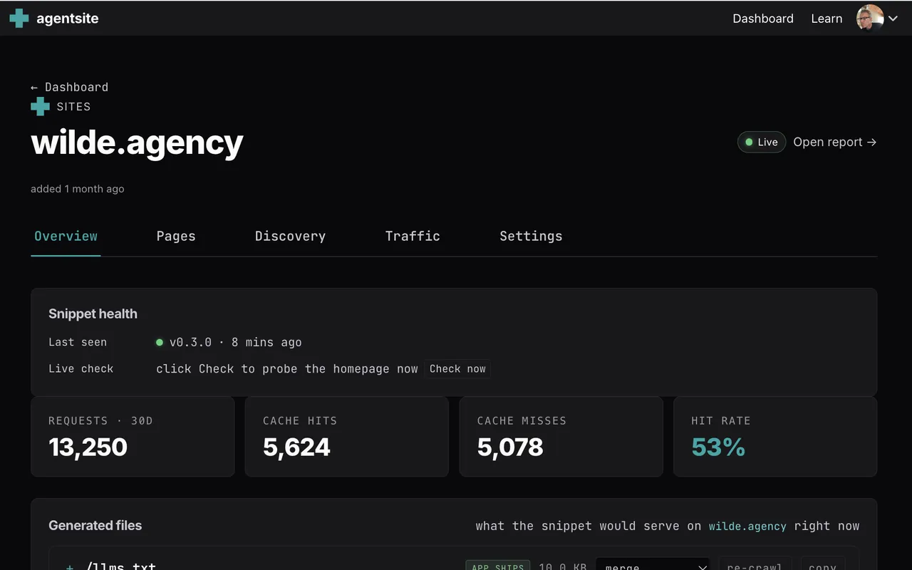 AgentSite: Snippet health and cache hit rate