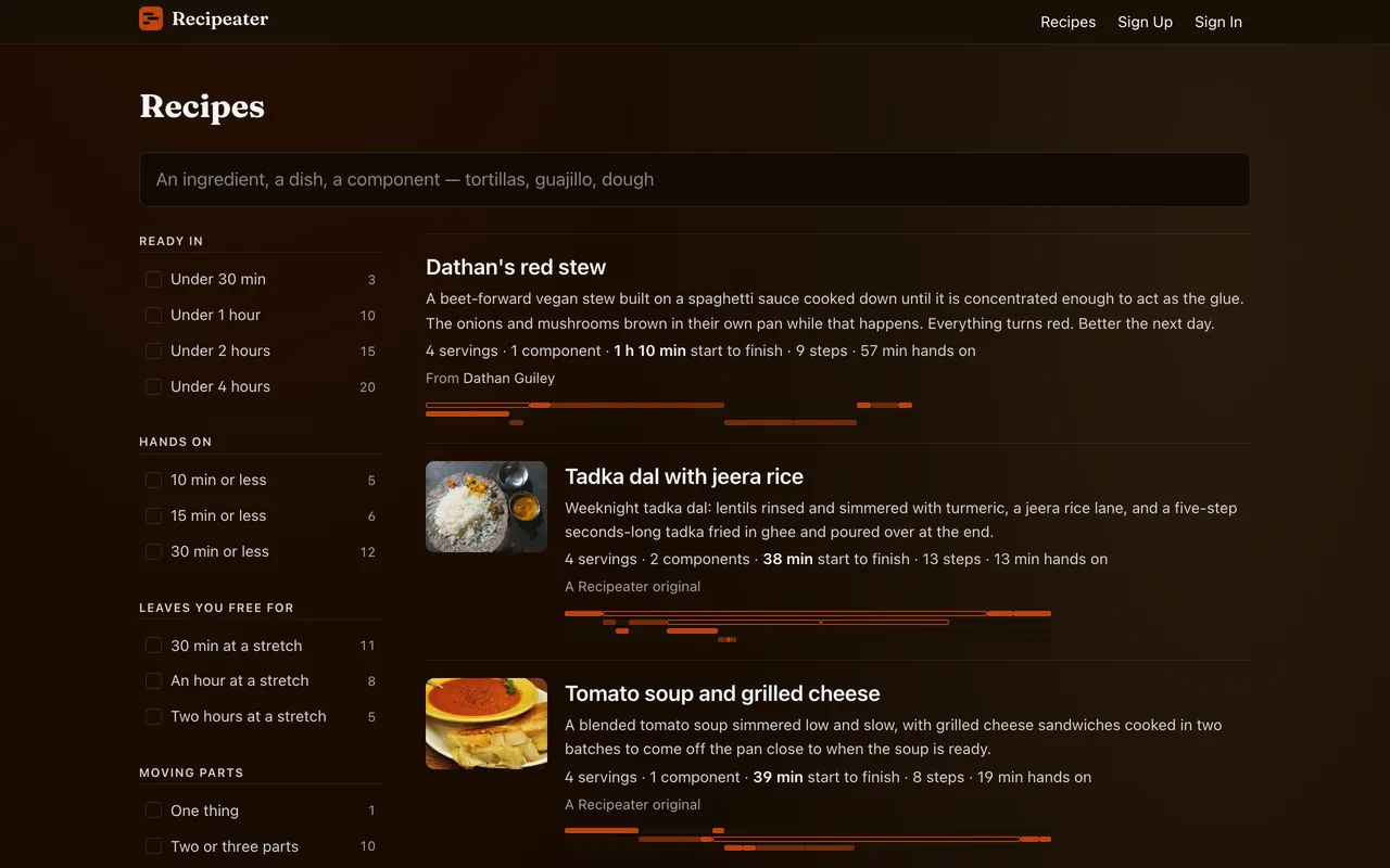 Recipeater: Recipes filtered by time you're free