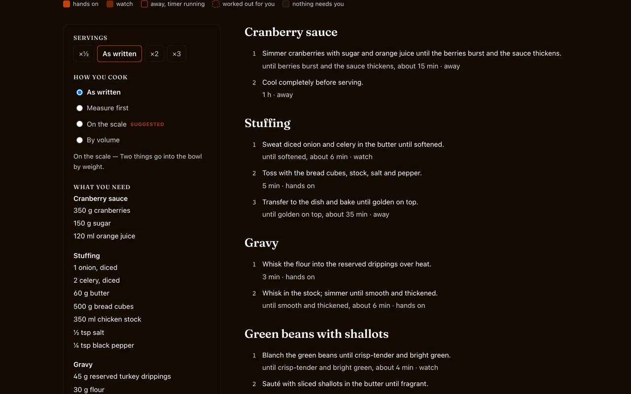 Recipeater: Scale servings, measure by weight or volume