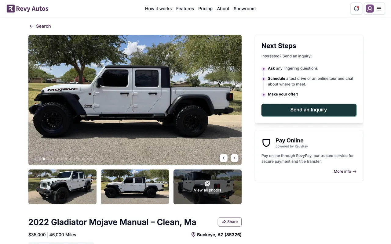 Revy Autos: Vehicle listing with next steps