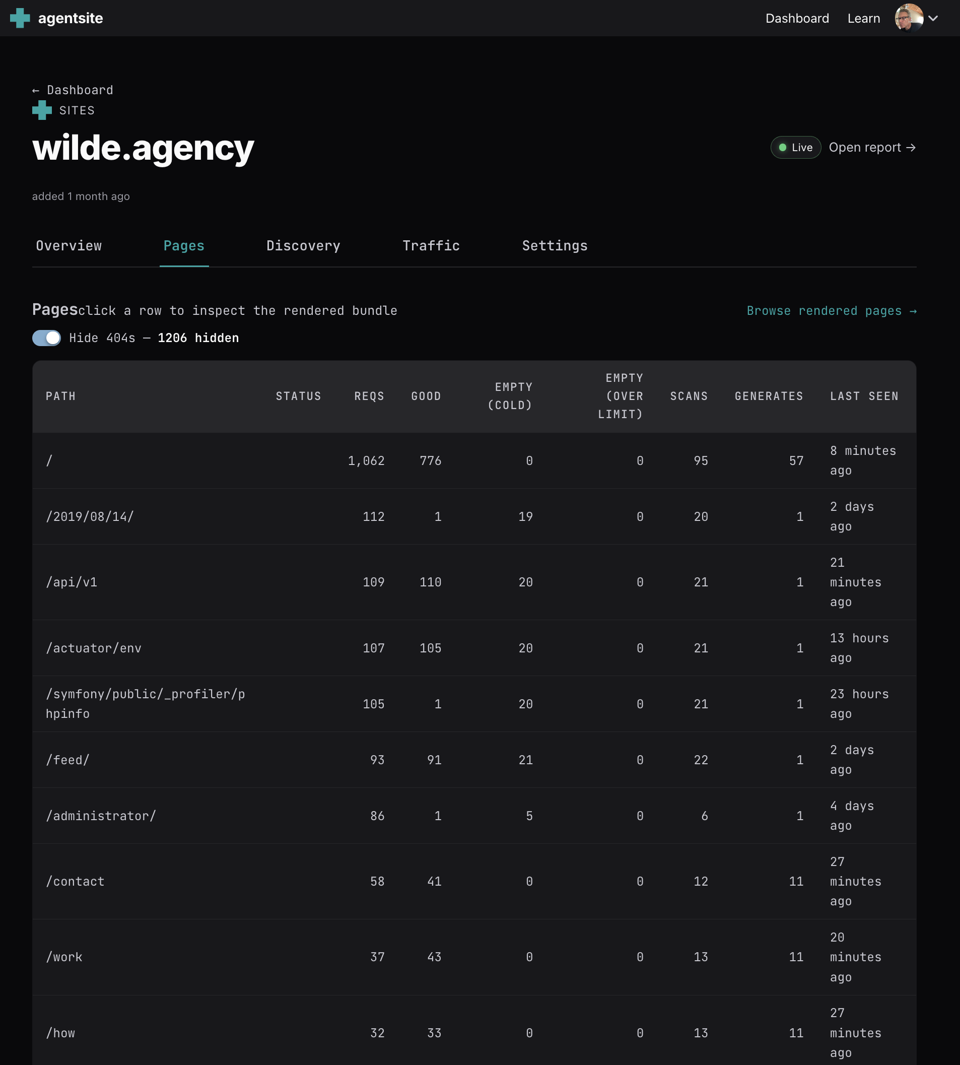 AgentSite page‑level inspection