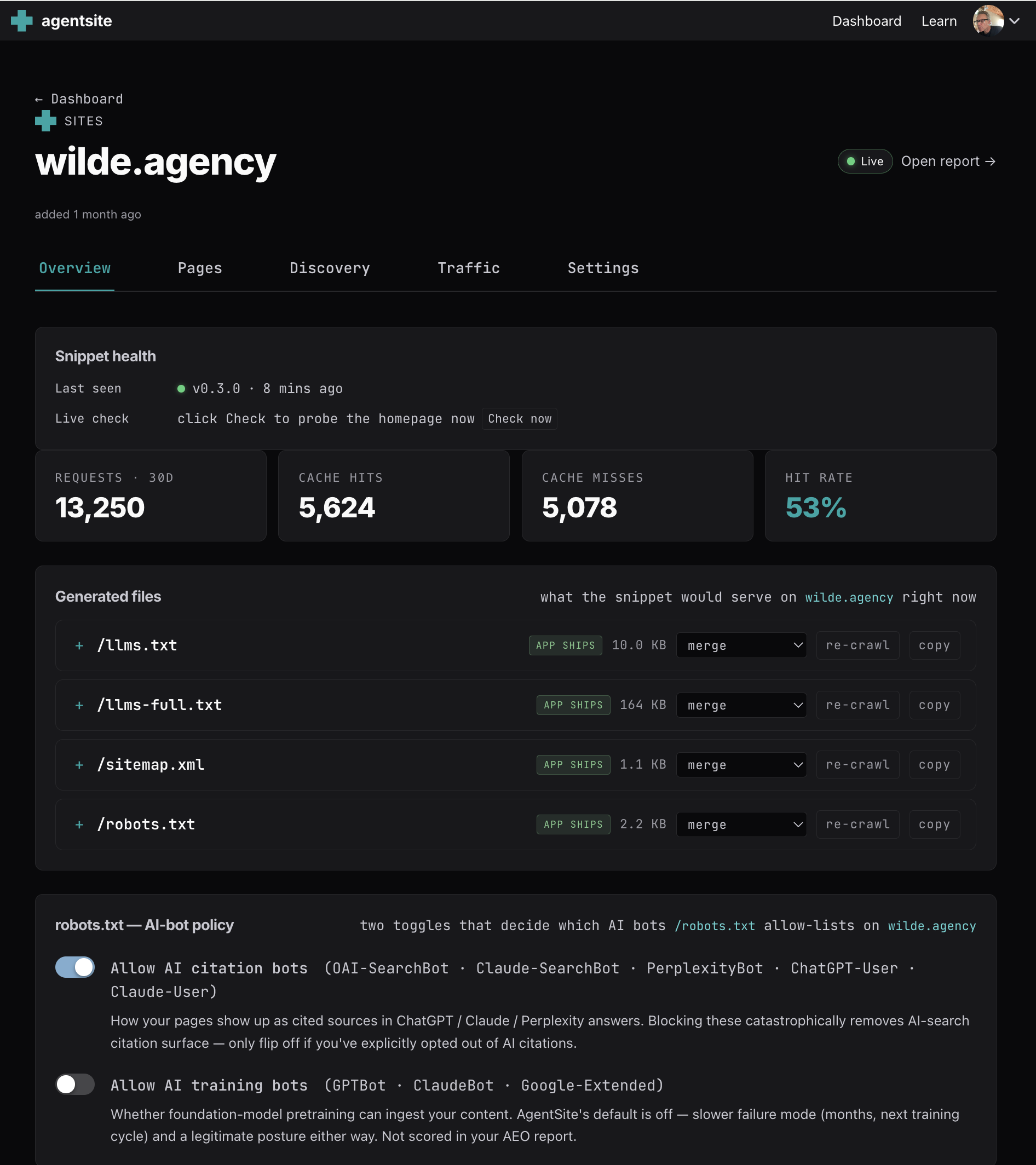 AgentSite snippet health for wilde.agency