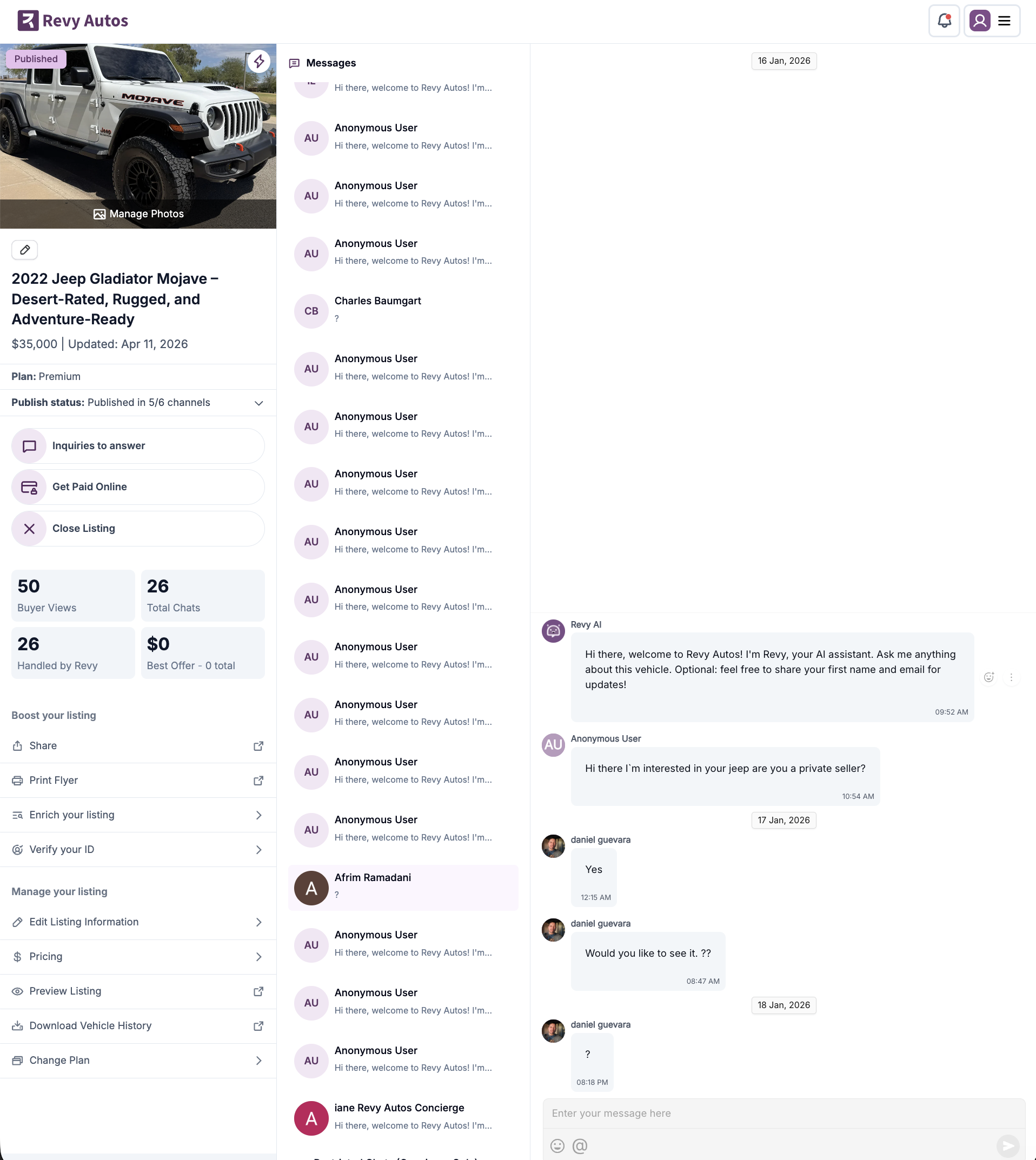 Revyautos seller dashboard with AI handling inquiries